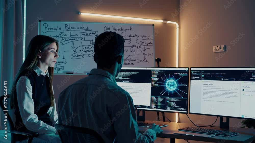 Poster working on data analysis in a modern office with multiple computer screens at night
