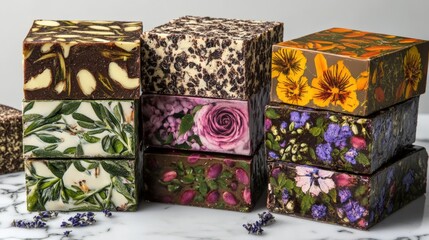 Colorful artisan soap bars with floral designs arranged aesthetically on a marble surface