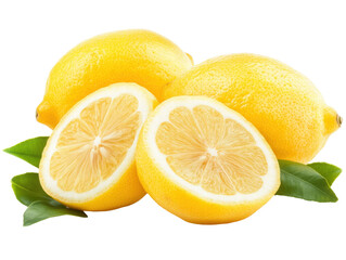 Isolated Lemons with Halved Fruit and Leaves