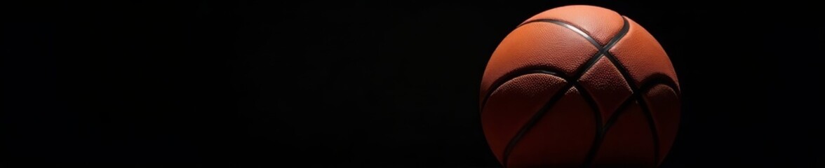 Close-up shot of basketball on a black background, rubber, isolated, leather