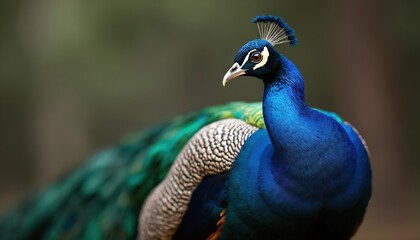 Obraz premium Majestic peacock bird close-up portrait. Blue plumage contrasts with dark background. Elegant avian species from India. Symbol of beauty, grace, luxury and pride.