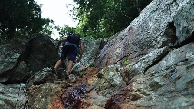 A tourist climbs a stone wall in the jungle