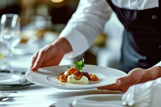A gourmet dish artfully presented by a waiter, symbolizing culinary excellence and a refined dining experience in an elegant setting.