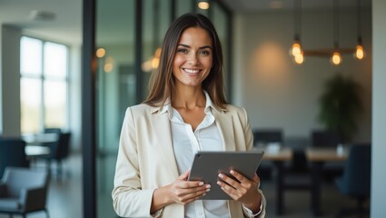 Portrait of young Hispanic professional business woman standing in office. Happy female company executive, smiling businesswoman entrepreneur corporate leader manager looking at camera using tablet