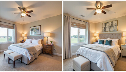 Elegant renovation transformation of luxury master bedroom, modern living