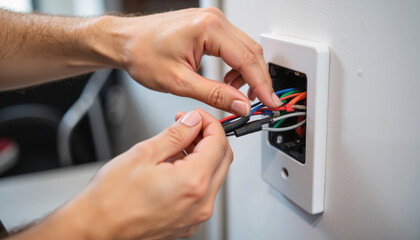 Electrician’s hands connecting wires in modern wall socket, technical skill