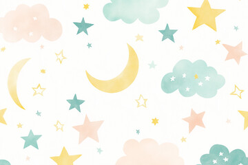 Obraz premium パターン, 子供向け, 子供, 水彩, 星, 空, 雲, ベクター, イラスト, 夜, 月, manga, 乗り切る, デザイン, 模様, 自然, 虹, 文科系, サマータイム, 空間, デコレーション, 壁紙, 青, 太陽, 雨, フレーム, 紙, アイコン