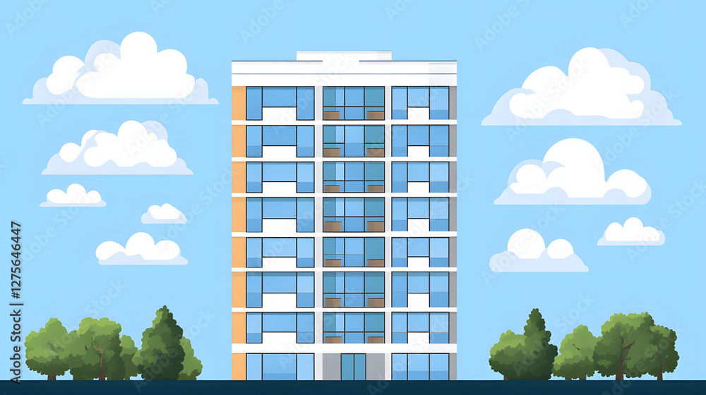 Poster modern apartment building illustration, sleek architecture with large windows, surrounded by trees a