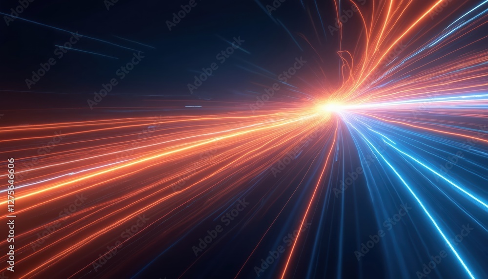 Poster Abstract illustration with dynamic orange and blue light rays on dark blue background. Speed motion lines with glow effect. Futuristic high speed transport technology backdrop.