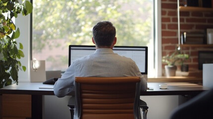 CEO reviews financial reports at desk with natural light in modern office environment