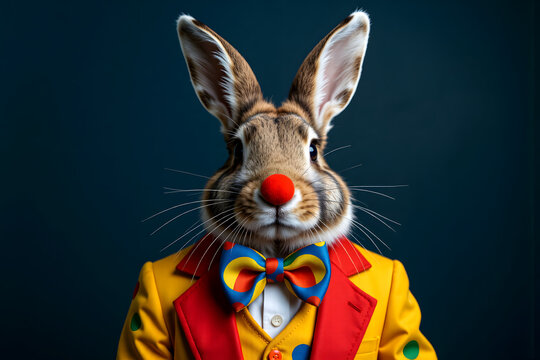 Animal creative concept,Clown Bunny: A Rabbit Dressed in a Bright Multi-Colored Clown Outfit.