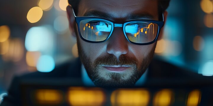 Businessman analyzing european union stock market data reflected in glasses at night - Powered by Adobe
