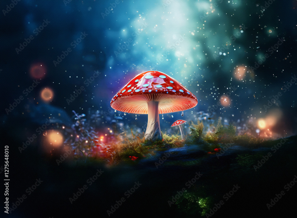 Poster enchanting red mushroom with white spots in a dreamy forest. glowing lights and bokeh create a magic