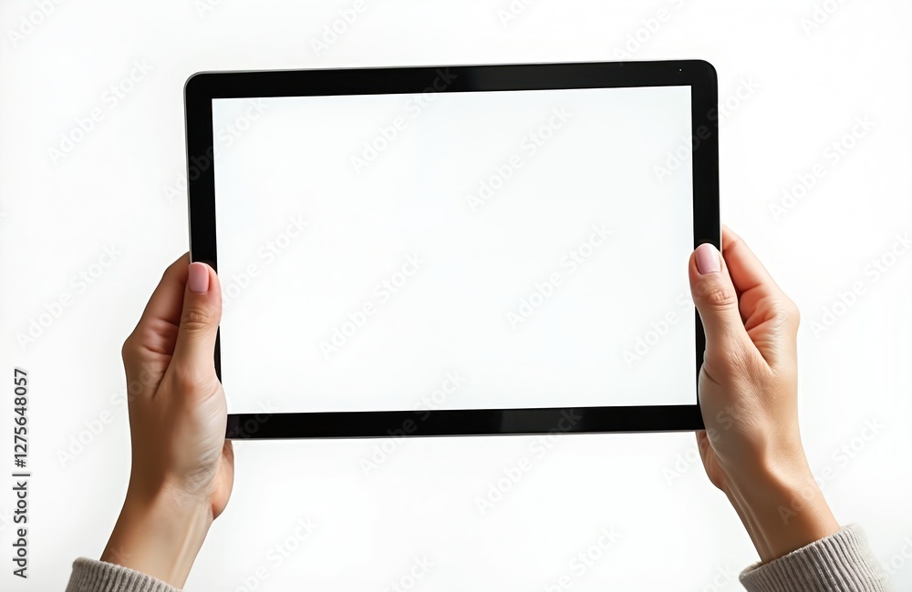 Poster Female hands hold blank screen tablet on white background. Wireless portable tech device. Digital display for responsive mobile app advertising, business presentation or modern communication.