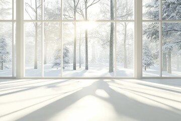 A white room with large windows overlooking a snowy landscape, the sun shining through the trees and the snow on the ground, creating a bright and airy feel.