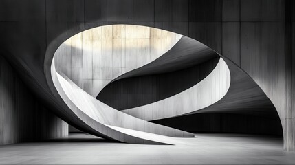 A modern architectural design featuring smooth, swirling forms and a minimalist aesthetic with natural light filtering through.