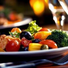 A healthy and vibrant Mediterranean salad with fresh ingredients and a delicious dressing