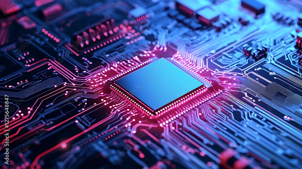 Poster close up of a cpu on a circuit board with neon lights. concept of technology, computing, and process