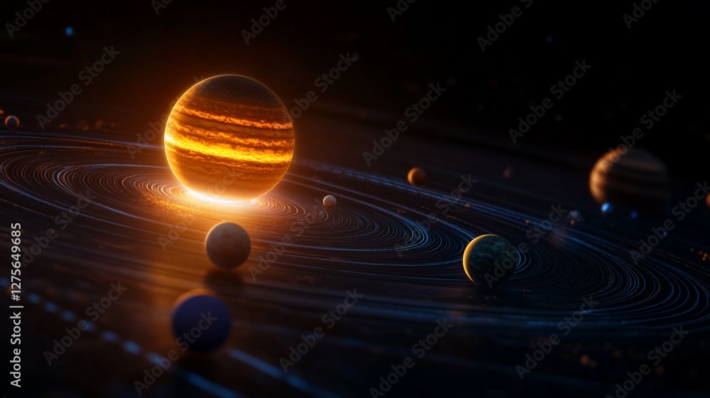 Poster a mesmerizing digital rendering of a vibrant solar system with planets