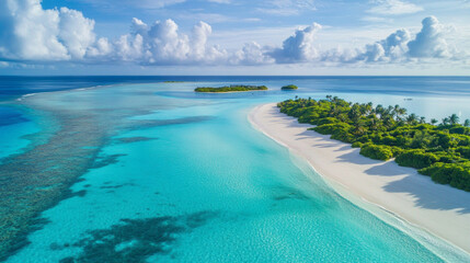 Obraz premium An aerial view of a serene sandy beach and turquoise sea captures the essence of a tropical paradise. AI generative