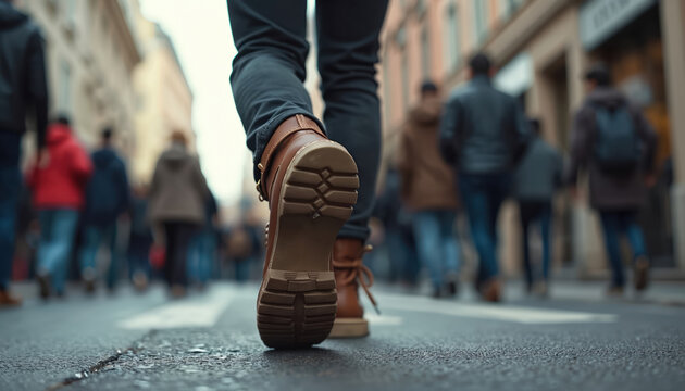 Low angle of brown work boots on city street with crowd. Asphalt road surface, urban scene of feet walking on the pavement. People movement, active city life.