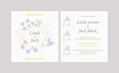 Elegant wedding invitation template with watercolor floral wreath, gold typography, and modern layout. Perfect for digital or printable wedding stationery