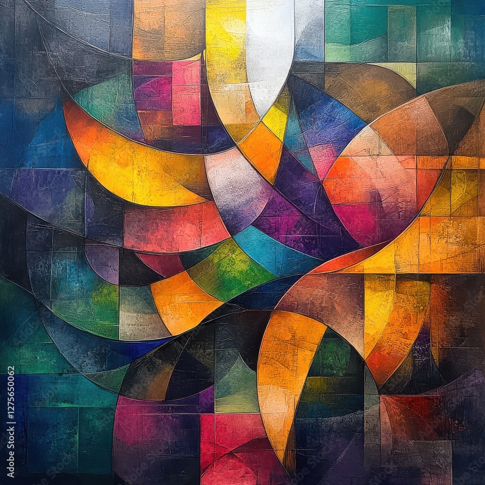 Poster abstract colorful composition featuring geometric shapes and fluid lines in vibrant shades with text