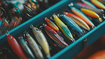 Colorful fishing lures organized in a tackle box ready for an exciting day on the water