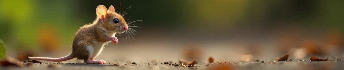 Close-up of a curious little mouse standing on hind legs with whiskers twitching, furry, adorable