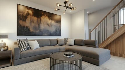 Modern Living Room Interior Design with Grey Sectional Sofa and Abstract Artwork