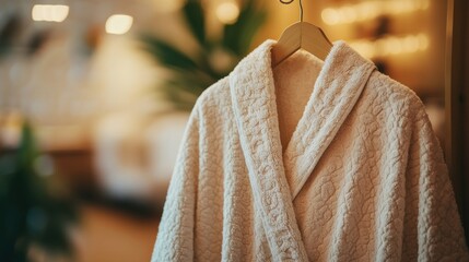 Fototapeta premium Cozy Bathrobe Hanging in Tropical Ambiance