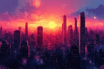 vibrant comicstyle metropolis at sunset neonoutlined skyscrapers against a gradient sky with...