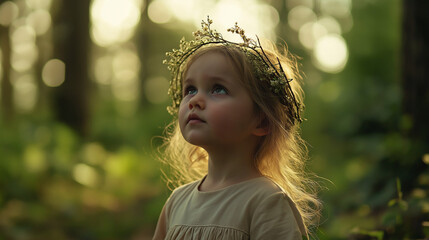 Young girl in a forest clearing wearing a willow crown with blossoms, gazing into the distance as golden dusk light creates a peaceful and magical atmosphere Generative AI