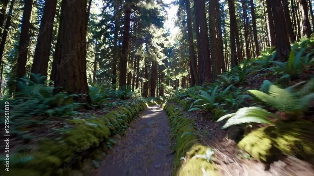 Poster explore the serene walking trail through a lush forest filled with towering trees and vibrant green 