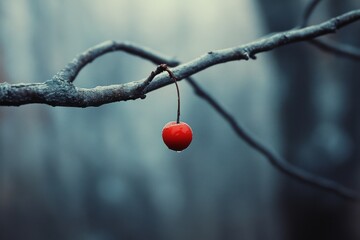 A lone red berry hangs on a barren branch against a soft-focus background, symbolizing solitude and resilience.