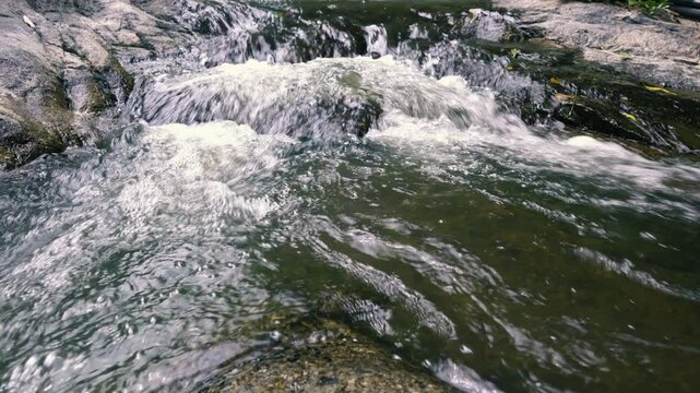 A stormy stream flows over the stepped stones, forking