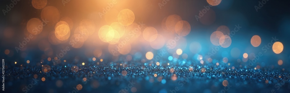 Poster abstract glitter background with defocused bokeh lights in gold, white, blue colors. shiny sparkles 