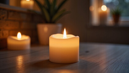 Burning candle with warm glow on table, peaceful ambiance