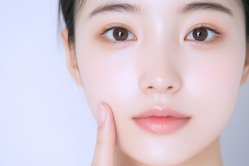 頬を指さす透明感あふれる美しい女性