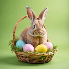 Close-up of a fluffy bunny sitting in a basket with colorful Easter eggs, joyful, colorful