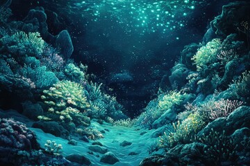 Serene underwater scene showcasing vibrant coral reefs, illuminated by ethereal light filtering from above.