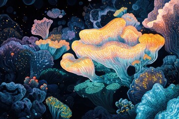 Obraz premium Luminous underwater bioluminescent fungi thriving in a dark ocean, vibrant colors and intricate details.