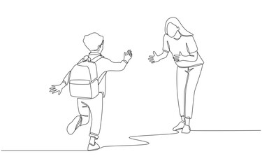 Continuous one line drawing of mother welcoming son backing from school with open arms, parenthood time concept, single line art