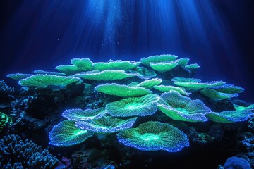 Vibrant green and blue coral colony thrives under sunlit ocean depths, showcasing underwater biodiversity.
