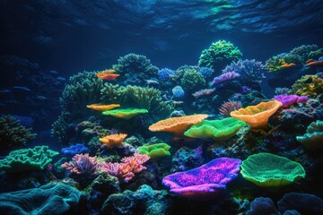 Vibrant coral reef teeming with life, showcasing diverse colors and textures of underwater ecosystem.