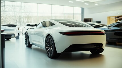 Car dealership featuring stylish electric coupes in a sleek showroom. Featuring innovation and performance
