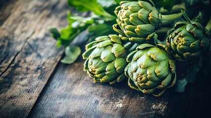 Obraz premium Fresh green artichokes on a rustic wooden table
