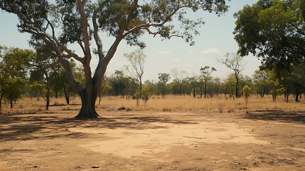 Fototapeta premium A Large Tree Stands Tall in a Dry Savanna Landscape