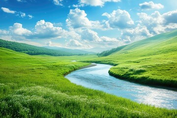 Fototapeta premium A winding river meanders through the vast grasslands of Africa, surrounded by lush greenery and vibrant wildlife.