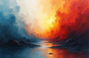 Majestic abstract background with vibrant blend of blue, orange, red colors. Smooth brushstrokes create cloudy sky, water reflection. Mountains silhouettes add depth to horizon.
